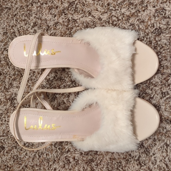 Lulu's Reluca ivory faux fur ankle strap high heel sandals - Picture 7 of 12